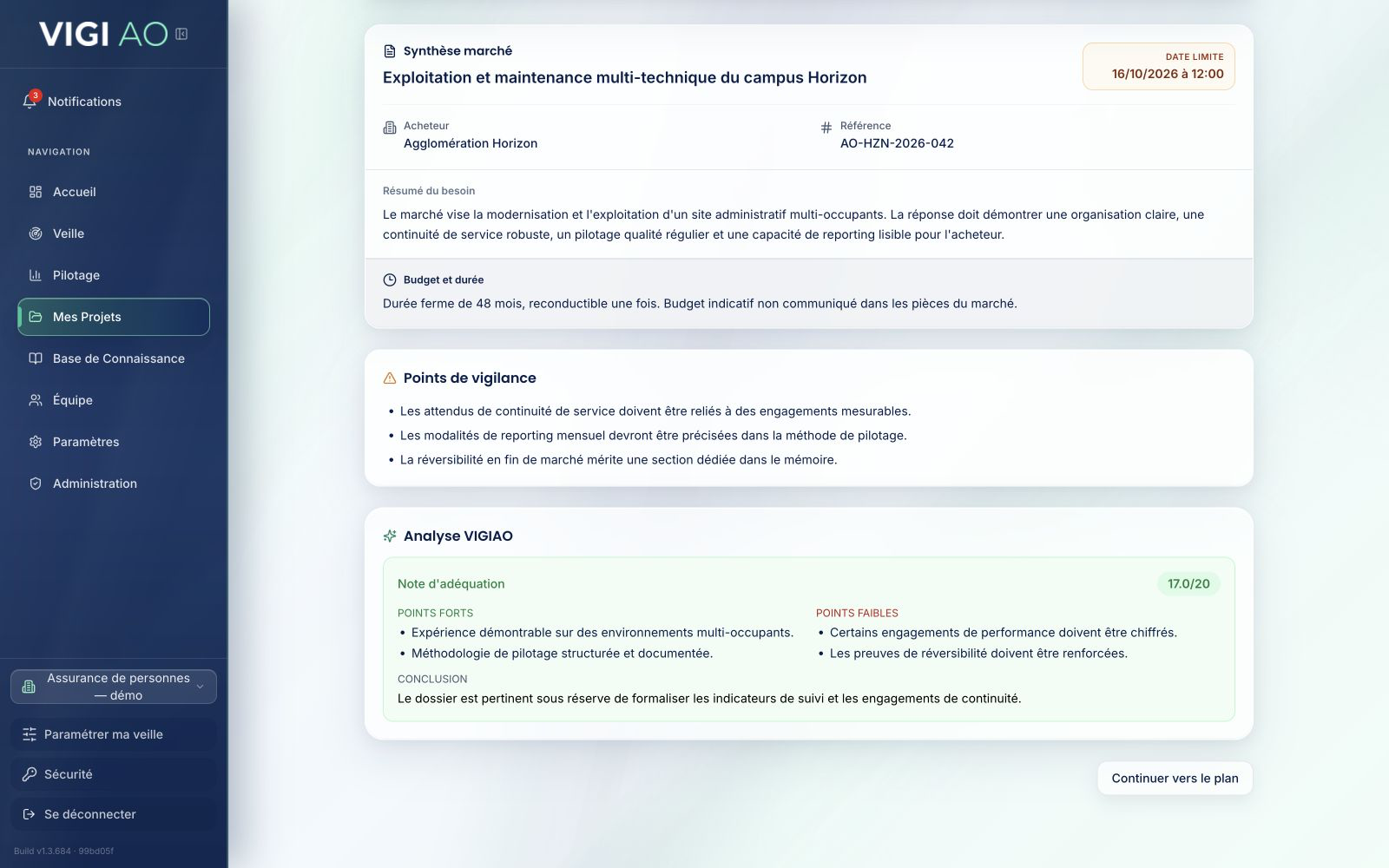 Étape Analyse du wizard VIGIAO présentant la synthèse du marché, les points de vigilance et la note d’adéquation d’un DCE fictif