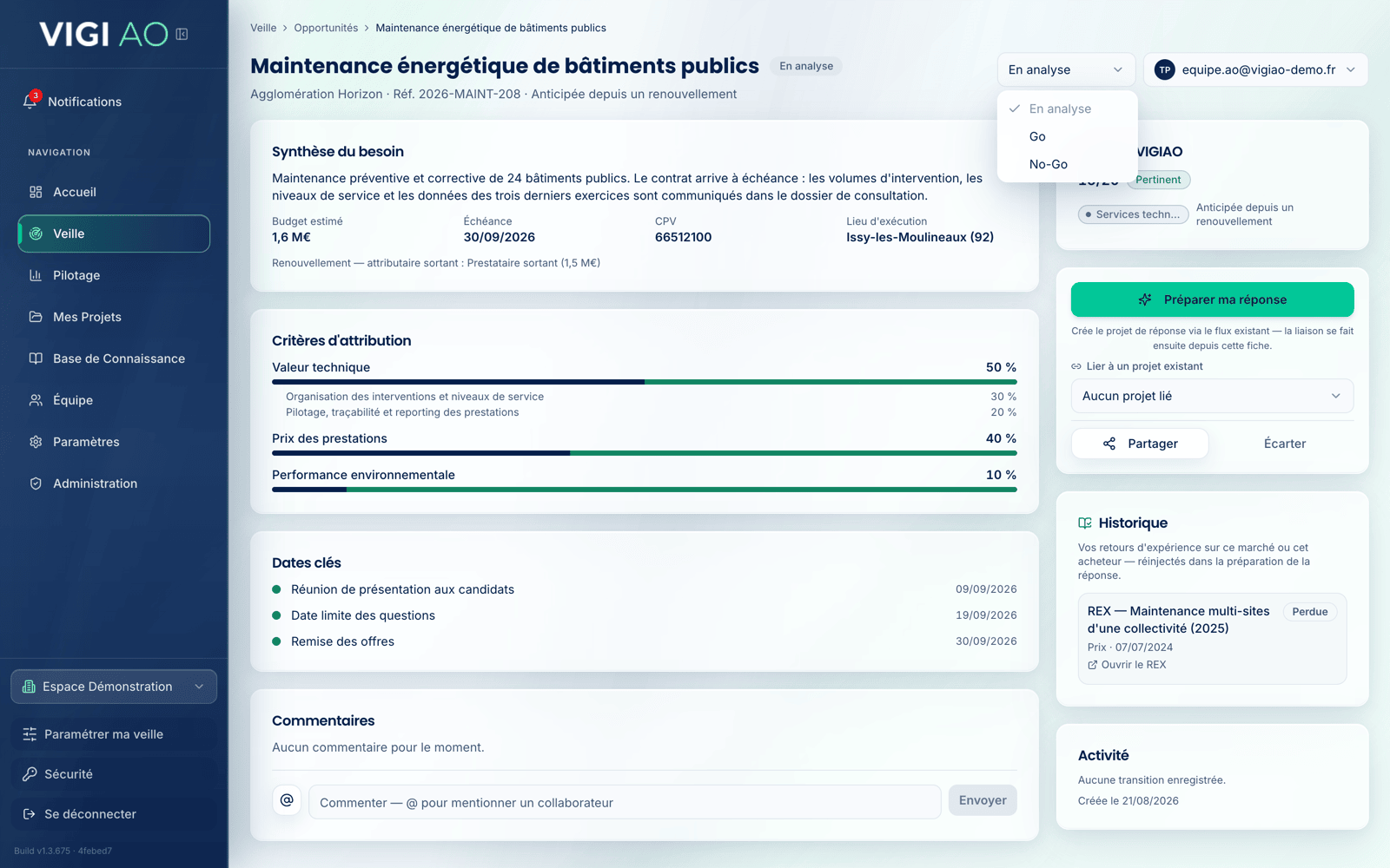 Fiche d’opportunité VIGIAO avec synthèse, critères pondérés et menu de décision Go ou No-Go pour un marché fictif